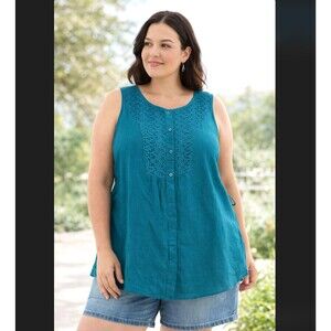 Croft Barrow 2X Linen Cotton Tank Top Blue Crochet Tie Back Button Placket Boho